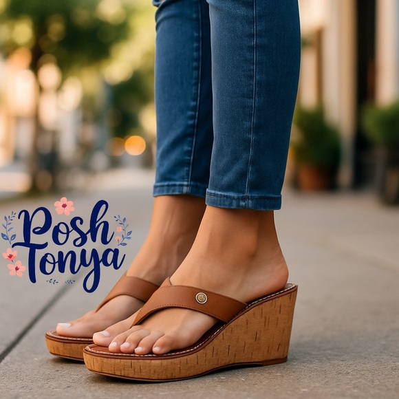 Sam Edelman Romy Wedge Sandals Brown Leather Cork Platform Slide Slip-On Chic - Picture 1 of 14